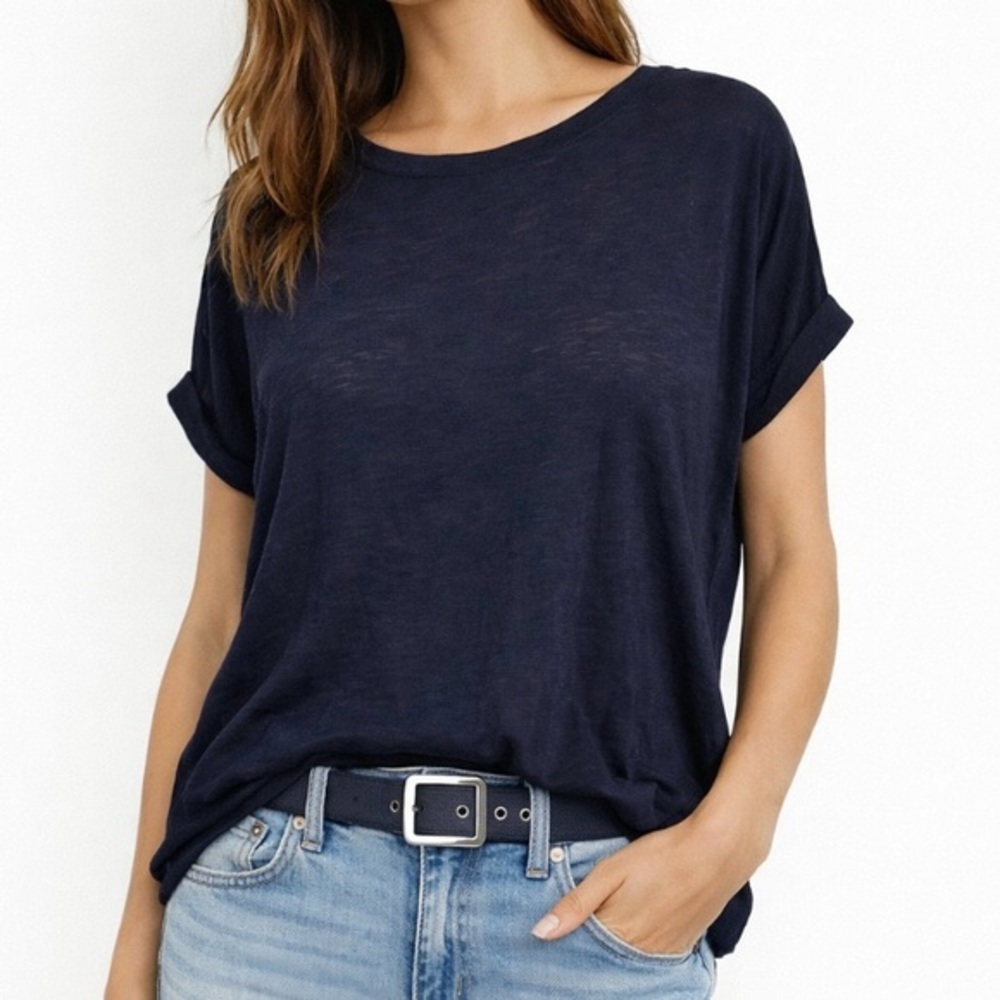 Express Navy Cotton Modal Round Neck Dolman Short Rolled Sleeve Casual T-Shirt